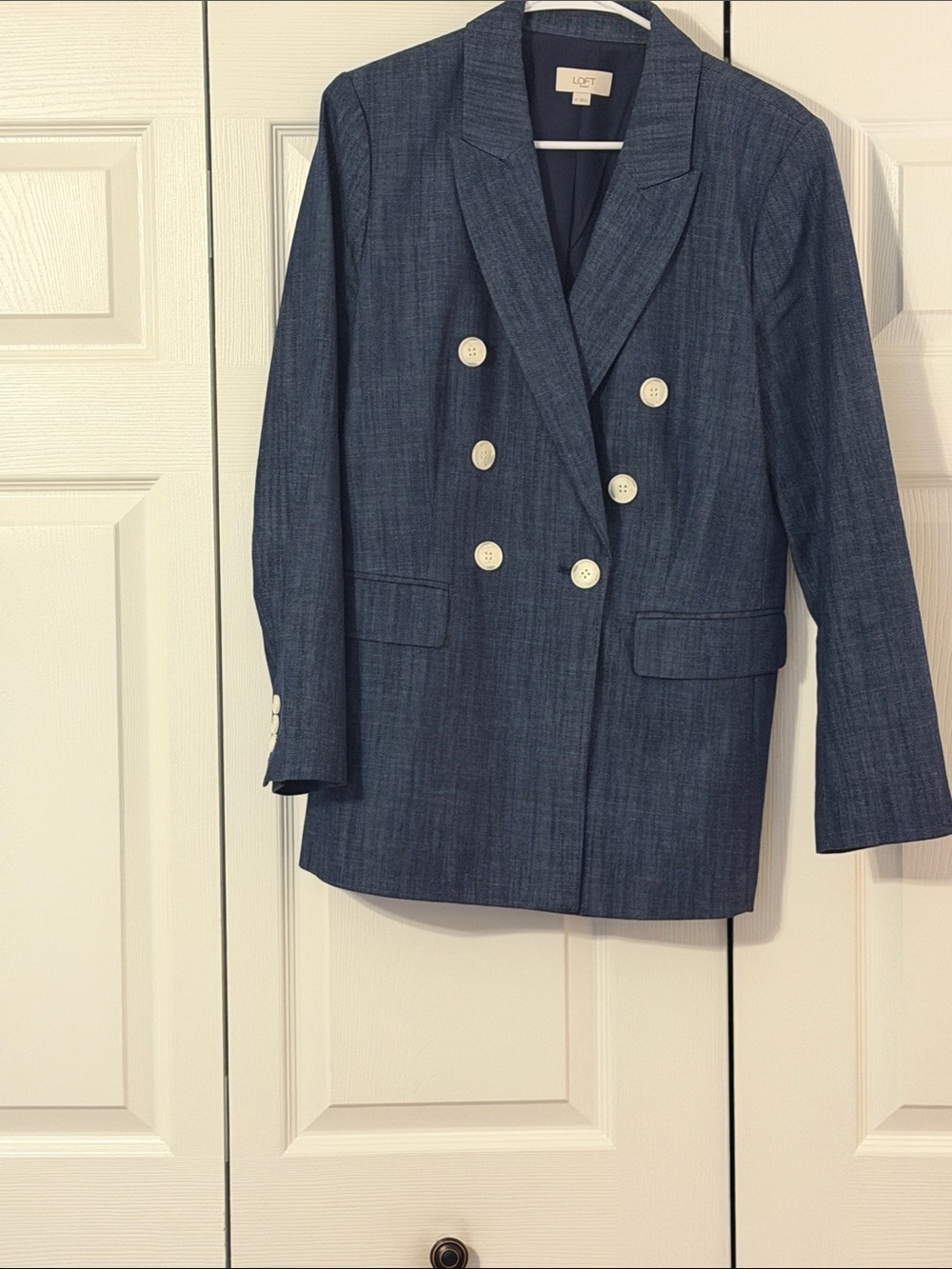 LOFT Navy Blue Double-Breasted Blazer with White Buttons